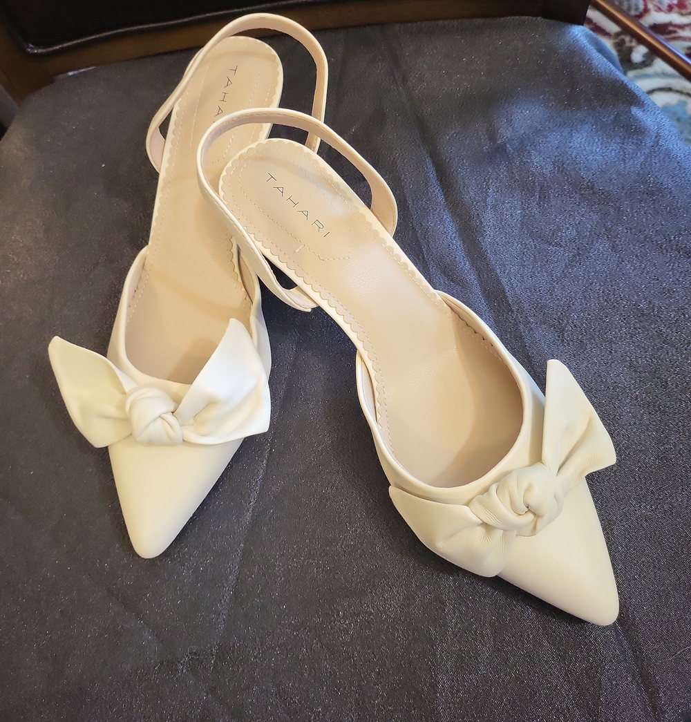 Tahari Cream Pointed Toe Slingback Mules with Bow Accent